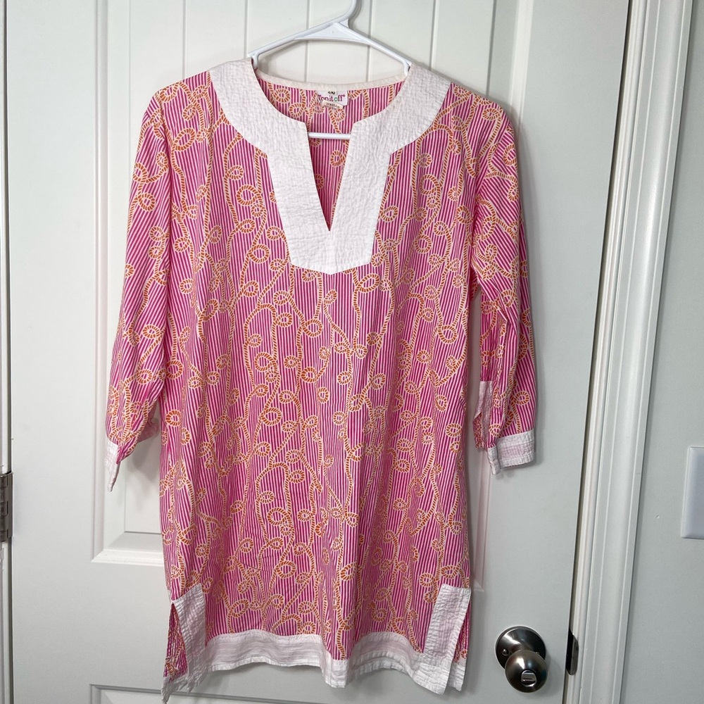 Top It Off women’s‎ pink orange white 100% cotton lightweight 3/4 sleeve tunic